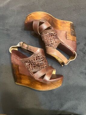 Bed Stu Brown Woven Leather Platform Wedges
